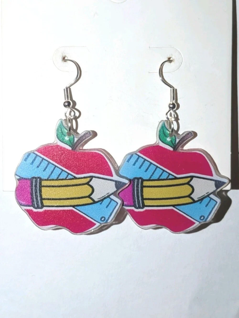 Hand Crafted Women/Kids Red Apple & Pencil Dangle Earrings